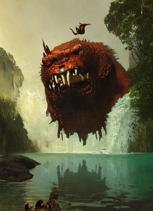 Image similar to huge towering brute beast demonic monster emerging from lake on sunny day, splashing, partially submerged, water cascading, by sergey kolesov and lawrence alma tadema and norman rockwell and greg staples and craig mullins and john berkey and ruan jia, artstation creature art