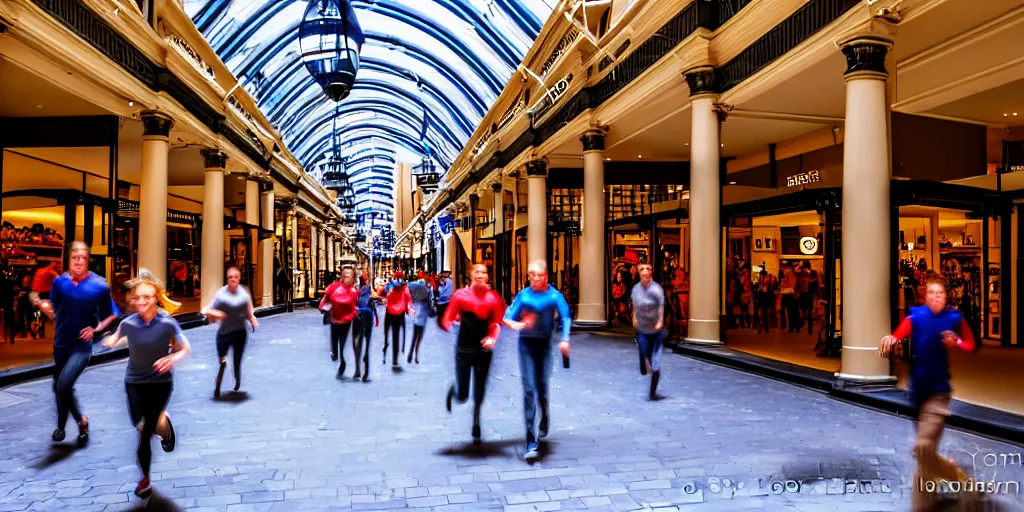 Image similar to A photo of robots running through Adelaide Arcade in Adelaide, Australia, High detail, realistic photo