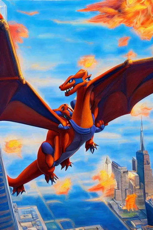 Image similar to charizard flying above new york, oil on canvas, intricate, 8 k highly professionally detailed, hdr, cgsociety