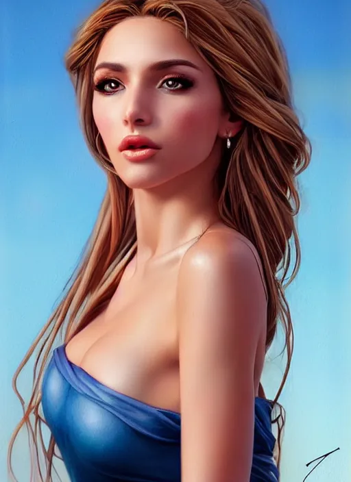 Image similar to a gorgeous greek female photo, professionally retouched, muted colors, soft lighting, realistic, smooth face, full body shot, torso, dress, perfect eyes, sharp focus on eyes, 8 k, high definition, insanely detailed, intricate, elegant, art by j scott campbell and artgerm