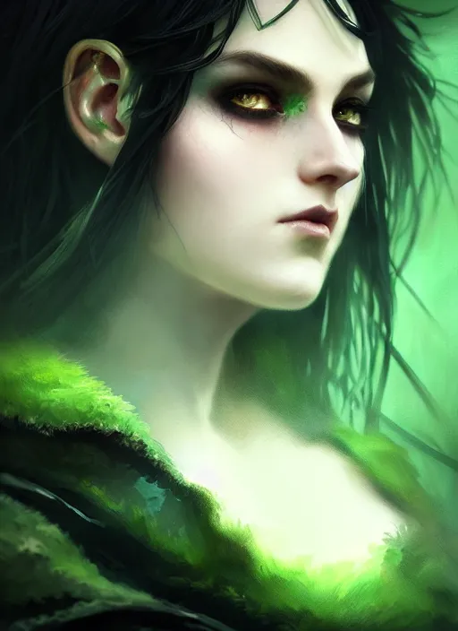 Image similar to close up side portrait dark witch, adventurer outfit large cloak, fantasy forest landscape, big moon, fantasy magic, undercut hairstyle, short green black fade hair, dark light night, intricate, elegant, sharp focus, illustration, highly detailed, digital painting, concept art, matte, art by WLOP and Artgerm and Greg Rutkowski and Alphonse Mucha, masterpiece