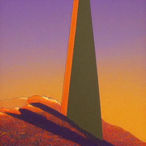 Prompt: dark obelisk on a beautiful valley at the dawn by Moebius