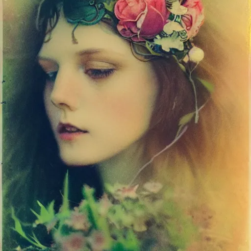 Prompt: polaroid by mucha, render, diaphanous, flowers in her hair, octane, detailed, award winning photography, masterpiece, rim lit