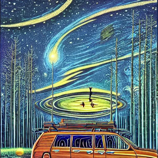 Prompt: psychedelic, trippy, dodge grand caravan, pine forest, moons, milky way, cartoon by rob gonsalves