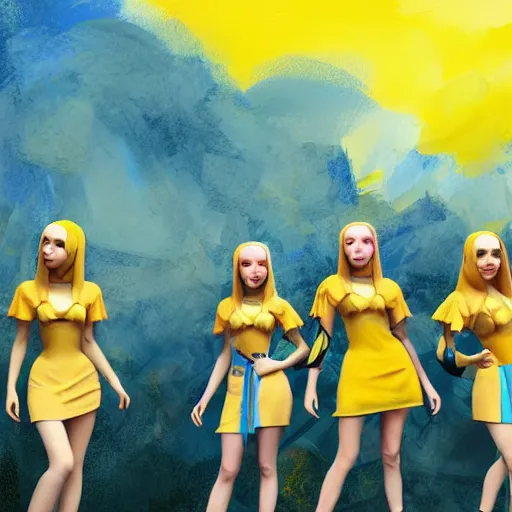 Image similar to group of ukrainian girls with blue and yellow clothes near big ruined burget, concept art, trending on artstation, highly detailed, intricate, sharp focus, digital art, 8 k