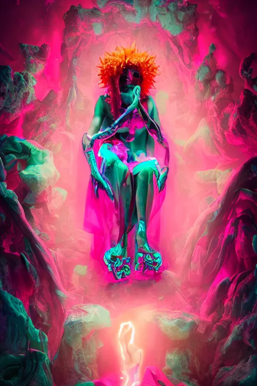 Image similar to photo of fullbody rococo and cyberpunk delicate neon crystalline sculpture of seductive muscular onyx albino marble prince joe jonas teal iridescent humanoid deity wearing hotpink plastic hooded cloak holding an onyx skull in a ruby space dungeon, reclining, glowing orange face, crown of white skulls, cinematic lighting, photorealistic, octane render 8 k depth of field 3 d