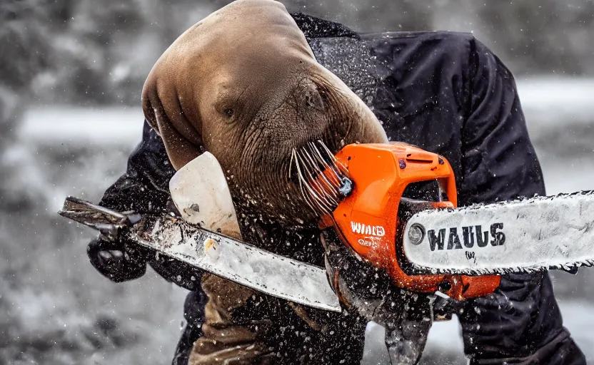 Image similar to walrus holding a chainsaw, extremely detailed, high quality, 8 k, nature photography,