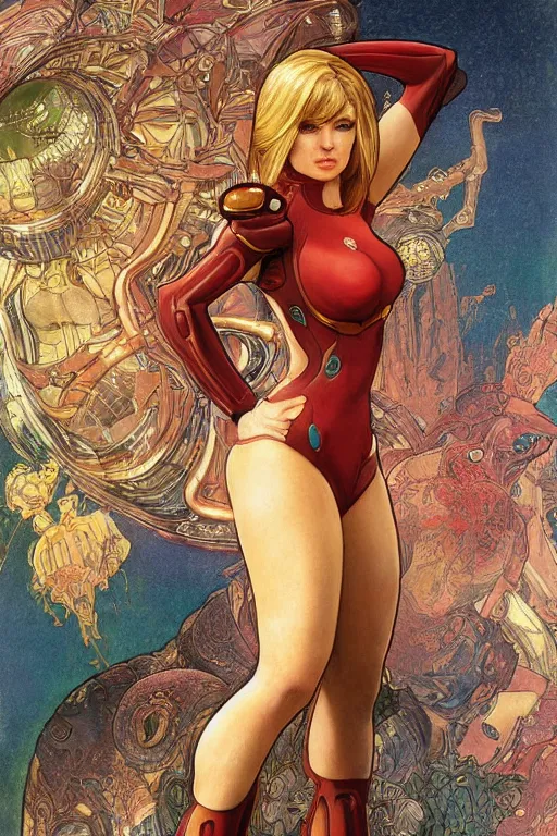 Image similar to samus aran metroid : : kate upton body : : christina hendricks : : portrait : : full body : : decadent highly - detailed digital artwork : : art by mucha and rutkowski, artstation, master prime lenses, cinematic