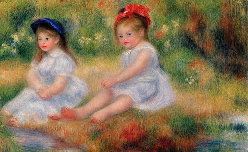 Prompt: a beautiful little girl, just vicky, wearing white cloths, and a red bow in her hair, playing with the water, sitting by the side of a creek, in the painting style of renoir, 8 k, detailed, rule of thirds
