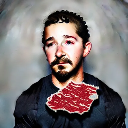 Prompt: uhd photorealistic shia labeouf made out of pieces of beef. photo by annie leibowitz