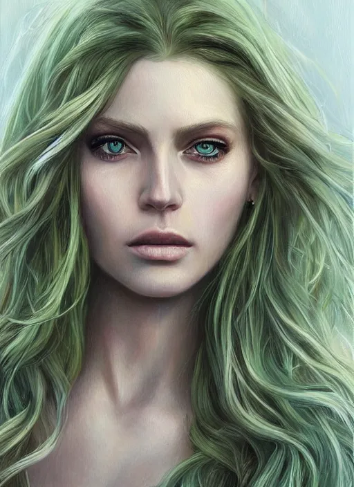 Image similar to a painting of a woman with long blonde hair and green eyes, a photorealistic painting by magali villeneuve, featured on cgsociety, fantasy art, detailed painting, photorealistic