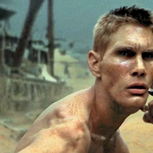 Image similar to Live Action Still of Jerma985 in Apocalypse Now, real life, hyperrealistic, ultra realistic, realistic, highly detailed, epic, HD quality, 8k resolution, body and headshot, film still