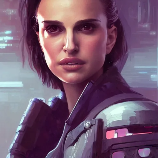 Image similar to closeup portrait of a young natalie portman as a cyberpunk mercenary, neuromancer, dramatic light, gorgeous view, depth, high detail, digital art, painted by greg rutkowski and seb mckinnon, by tim burton, trending on artstation