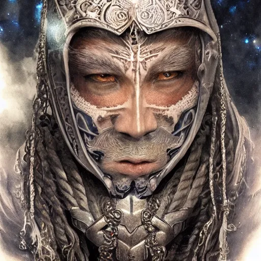 Image similar to an Artstation 3d render of Very very very very highly detailed beautiful mystic portrait of a phantom warrior with galaxy, tattoos by Anton Pieck, intricate, extremely detailed, digital painting, artstation, concept art, smooth, sharp focus, illustration, intimidating lighting, incredible art,