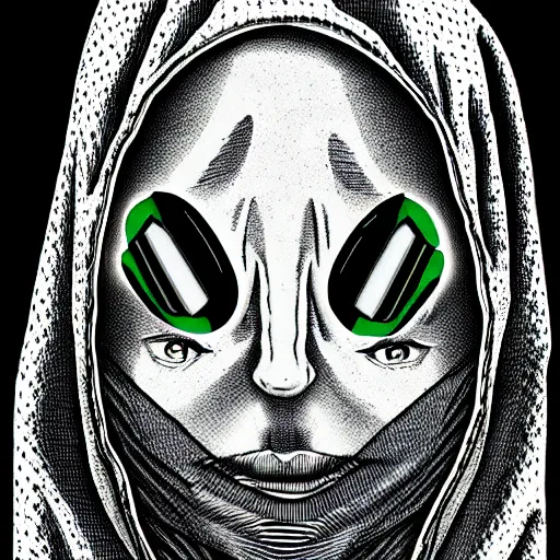 Image similar to portrait of programmer with green hood by junji ito