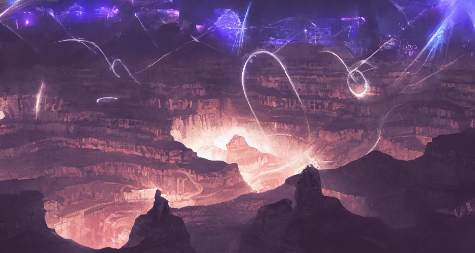 Prompt: night, a lot of people and a spiral - shaped white luminous attractor is floating in grand canyon, concept art, art for the game, professional lighting, art