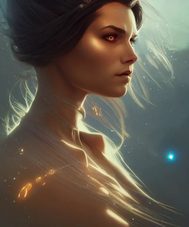 Image similar to futuristic woman portrait, sci-fi, amber eyes, face, long hair, fantasy, intricate, elegant, highly detailed, digital painting, artstation, concept art, smooth, sharp focus, illustration, art by artgerm and greg rutkowski and alphonse mucha