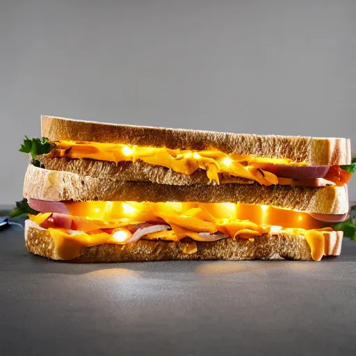 Image similar to sandwich of led lights with seitan and cheddar, studio photo, amazing light