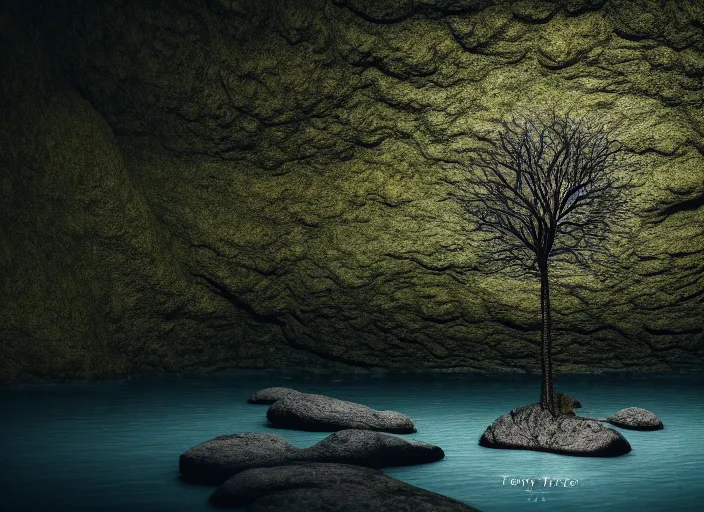 Image similar to a small tree on an island in a river in an underground cave. fantasy magic style. highly detailed 8 k. intricate. lifelike. soft light. sony a 7 r iv 5 5 mm. cinematic post - processing