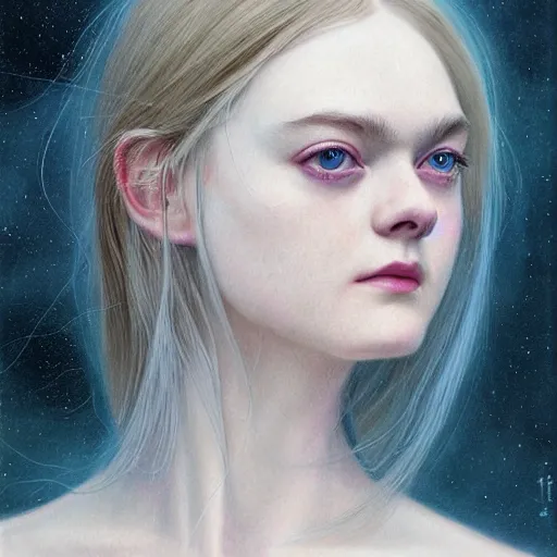 Image similar to professional painting of Elle Fanning in the style of Wayne Barlowe, head and shoulders portrait, symmetrical facial features, smooth, sharp focus, illustration, intricate, stormy weather, extremely detailed masterpiece,