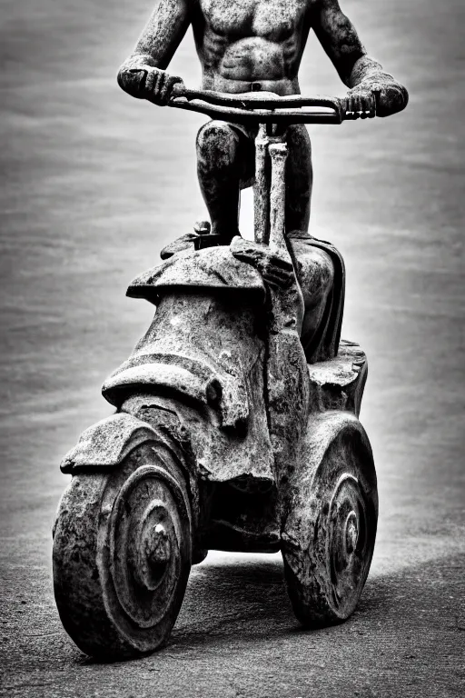 Prompt: photo of the ancient statue of biker on the tricycle, symmetrical, cinematic, real dlsr photography, sharp focus, 4 k, ultra hd, sense of awe, archeology journal cover