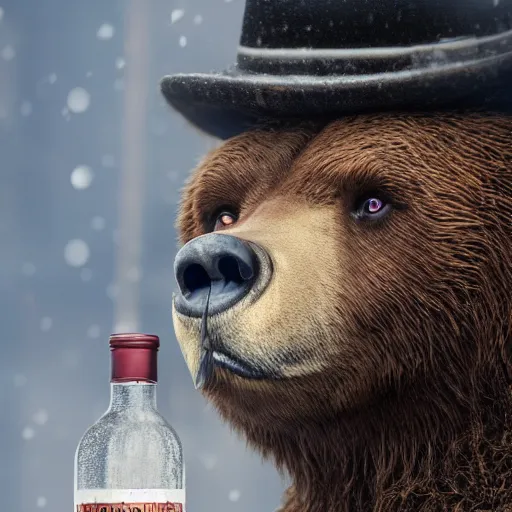 Image similar to close-up portrait of smiling brown bear holding bottle of vodka and in hat in winter at streets of Moscow, sharp focus, fantasy style, octane render, volumetric lighting, 8k high definition, by greg rutkowski, highly detailed, trending on art Station