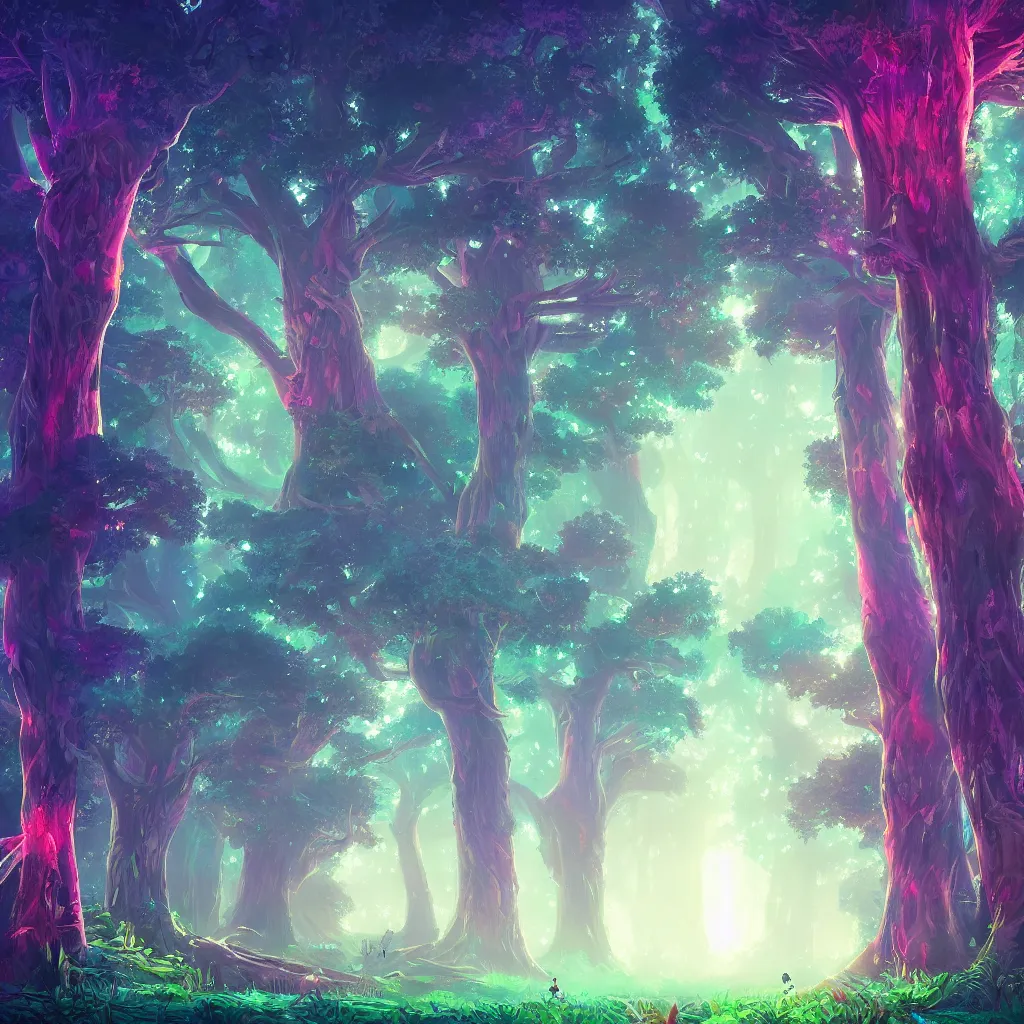 Prompt: huge trees, misty nighttime. radiating colorful energy. photorealistic, moody atmosphere,, holographic undertones, intricate and detailed, highly saturated colors. ori and the blind forest, breath of the wild style, studio ghibli!!!. trending on artstation. award winning, daily deivation