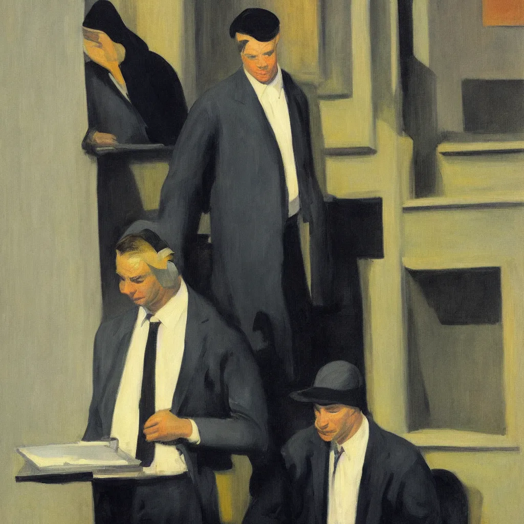 Image similar to Man in a business suit with a bag covering his head, by Edward Hopper