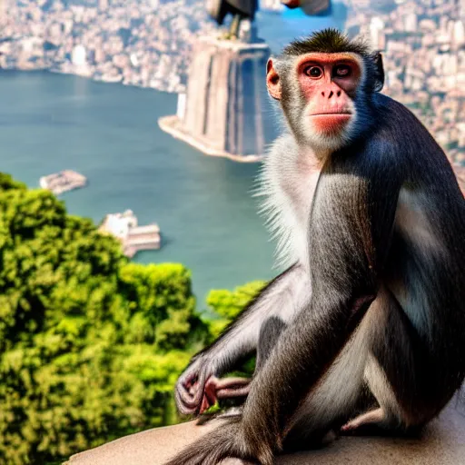 Image similar to high quality portrait of a monkey in front of Christ The Redeemer, studio photograph, photograph, realistic photo, 8k photo, 4k photo, stock photo, high resolution, cinematic shot, high detail