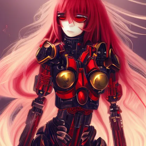 Prompt: cute red armored cyborg - anime girl by ross draws, long gold hair, yellow eyes, extreme high intricate details by wlop, digital anime art, black shadows, stylized shading