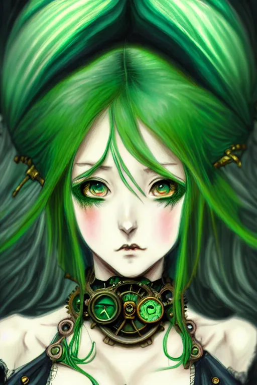 Image similar to beautiful green hair anime woman victorian dress, steampunk, fantasy, eerie, intricate details, pixiv, digital painting, artstation, concept art, 8 k, art by artgerm, loish and alohonse mucha and eiichiro oda symmetrical face symmetrical eyes