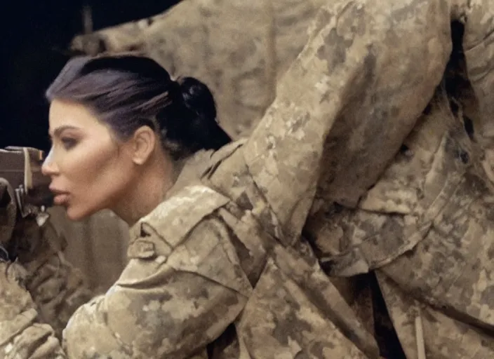 Image similar to a film still of kim kardashian as a soldier firing a rifle over a dirty trench with her bust lightly exposed. backround : warfield
