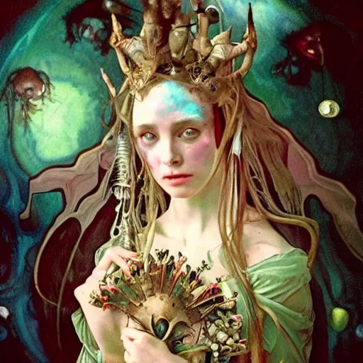 Image similar to realistic bizarre beautiful macabre portrait gothic style in style of hieronymus bosch anne stoke alphonso mucha sharp focus 8 k as a alien etherical holographic queen in an unknown planet