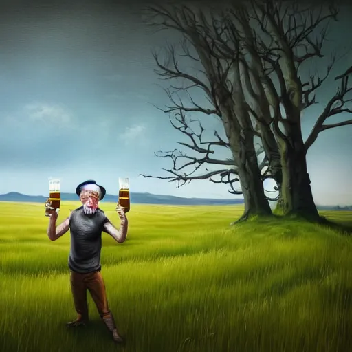 Image similar to a Scottish man holding a pint of beer in the middle of an empty field, In the back ground of the frame is a beautiful landscape., physically accurate, dynamic lighting, intricate, elegant, highly detailed, digital painting, very very ralph steadman, Hieronymus Bosch, Francis Bacon, concept art, smooth, sharp focus, illustration