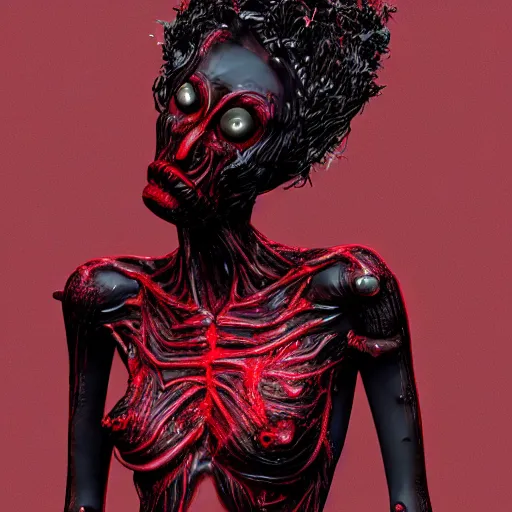 Prompt: octane render of a body horror human, sharp dark shadows, black and red color palette by trevor henderson and junji ito