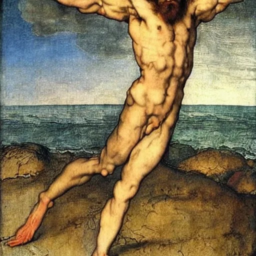 Prompt: muscular man with beard rising from the ocean, painting by Albrecht Dürer