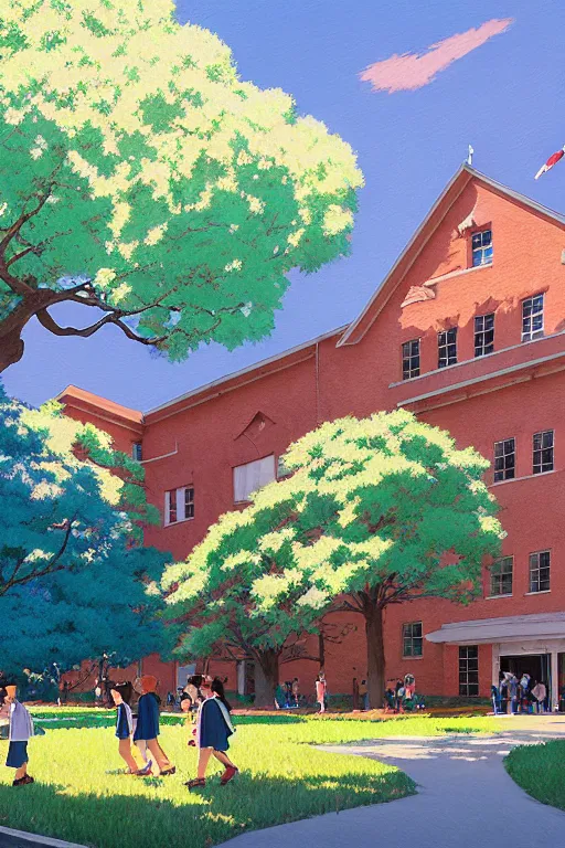 Image similar to a colorful traditional american high school building full of students with beautiful trees, morning, by studio ghibli painting, superior quality, masterpiece, traditional Japanese colors, by Grzegorz Rutkowski, concept art