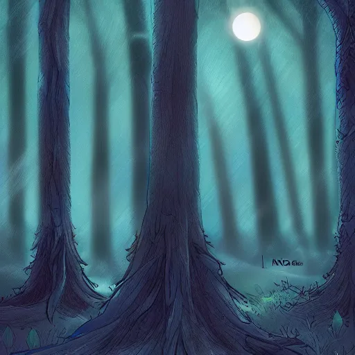 Prompt: a moonlit mystical forest, digital art, neo - noir, anime styled