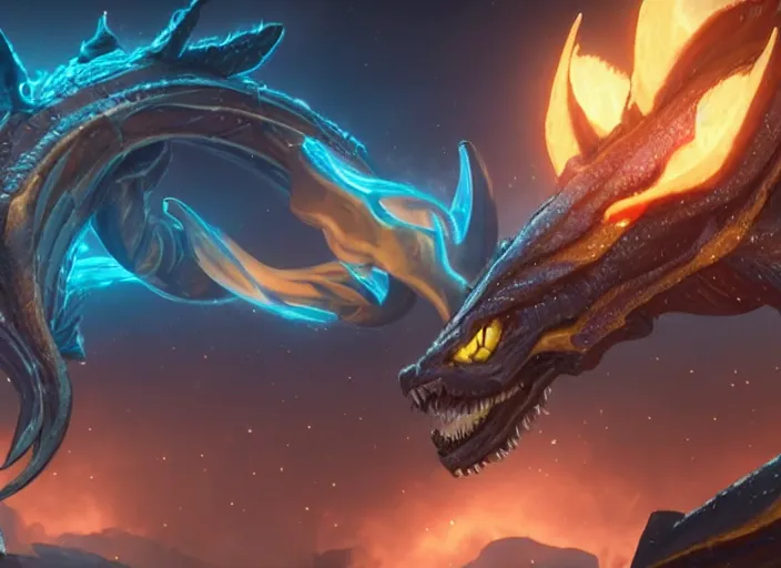 Prompt: aurelion sol and deathwing face to face, ultra realistic 4 k unreal engine very cinematic render with ray tracing bloom ambient occlusion strong reflections depth of field fog