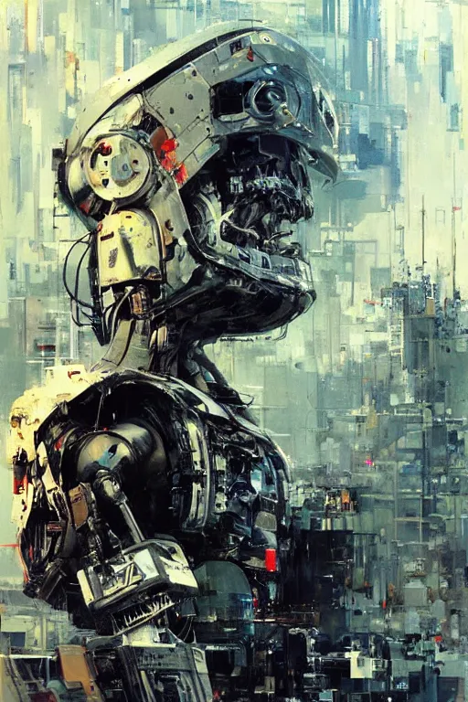 Prompt: robot contemplates death, synthwave, glitch, fracture, realistic, hyperdetailed, chiaroscuro, concept art, art by john berkey