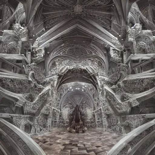 Image similar to a beautiful 3 d painting of a huge sprawling fractal cathedral interior populated by mandelbrot fractals by android jones, unreal engine, carved stone, carved soap, white color scheme, volumetric lighting, octane render, dramatic lighting, glowing, carved marble, opalescent, sacred geometry, religious, angelic, catholicpunk, stark, 8 k, ultra detailed