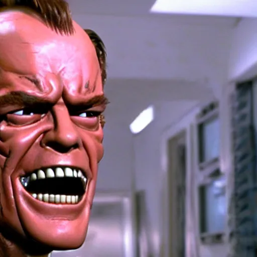 Prompt: Jack Nicholson plays terminator, scene where we see his endoskeleton