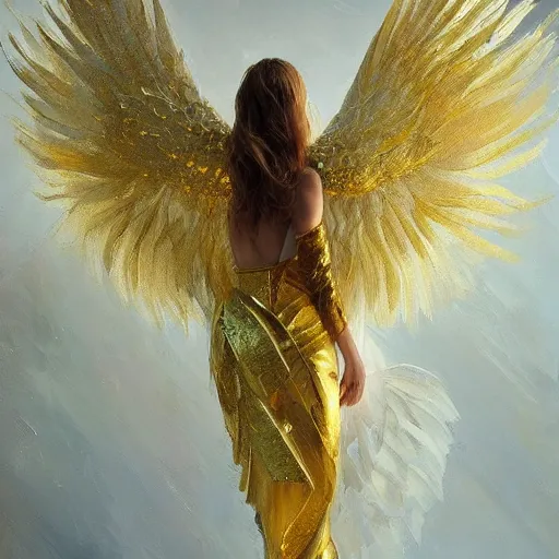 Prompt: Angel wing feathers, super clear detail,gold and white color scheme, decorative oil painting style, creative decorative painting,by ruan jia,trending on artstation