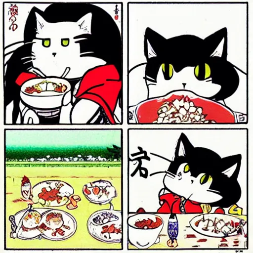 Image similar to a four panel black and white manga by Naoko Takeuchi and Hayao Miyazaki of a cat eating rice, cat eating rice 4koma manga