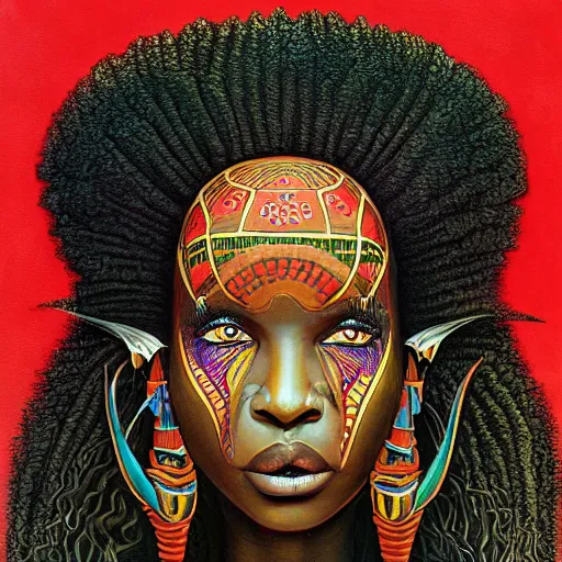 Prompt: Afrofuturism detailed aesthetic horror portrait painting titled 'Face of sadness' description 'Order of the occult zulu princess' portrait, character design, worn, dark, extremely high detail, photo realistic, pen and ink, intricate line drawing by René Laloux, Jean Giraud, Mœbius, Moebius,