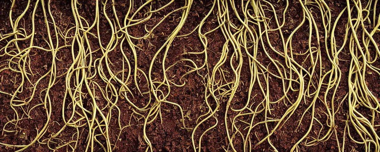 Image similar to roots made of spaghetti buds, growing out of the dirt, kodachrome, in the style of wes anderson, retro