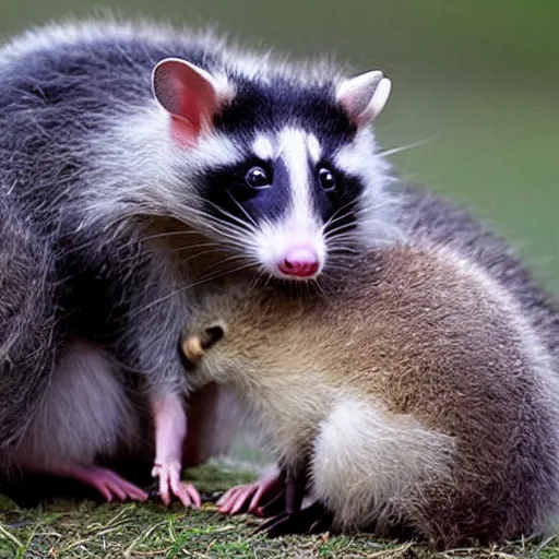 Image similar to An opossum and an american Raccoon hugging, cute photograph
