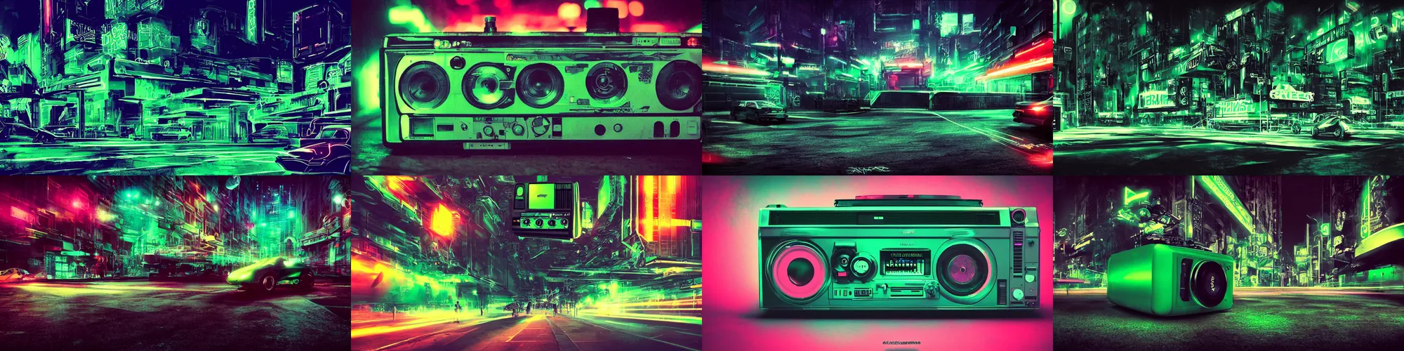 Prompt: ghetto blaster, neonwave, futuristic, agressive, speed, warm and dark green, dark, night lights, massive, huge, urban street, ultra detailed, iconic, epic cover, chromatic color, photo realistic, cinematic, film color