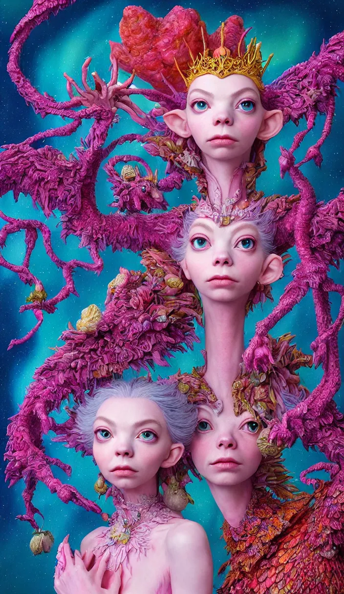 Image similar to hyper detailed 3d render like a Oil painting - kawaii portrait of four Aurora (a beautiful skeksis muppet fae queen from dark crystal that looks like Anya Taylor-Joy) seen red carpet photoshoot in UVIVF posing in scaly dress to Eat of the Strangling network of yellowcake aerochrome and milky Fruit and His delicate Hands hold of gossamer polyp blossoms bring iridescent fungal flowers whose spores black the foolish stars by Jacek Yerka, Ilya Kuvshinov, Mariusz Lewandowski, Houdini algorithmic generative render, Abstract brush strokes, Masterpiece, Edward Hopper and James Gilleard, Zdzislaw Beksinski, Mark Ryden, Wolfgang Lettl, hints of Yayoi Kasuma and Dr. Seuss, octane render, 8k