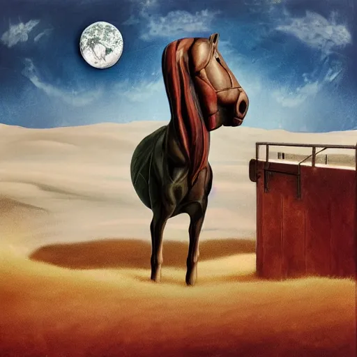 Prompt: the horse sat on the astronaut's head, on his back, style surrealism